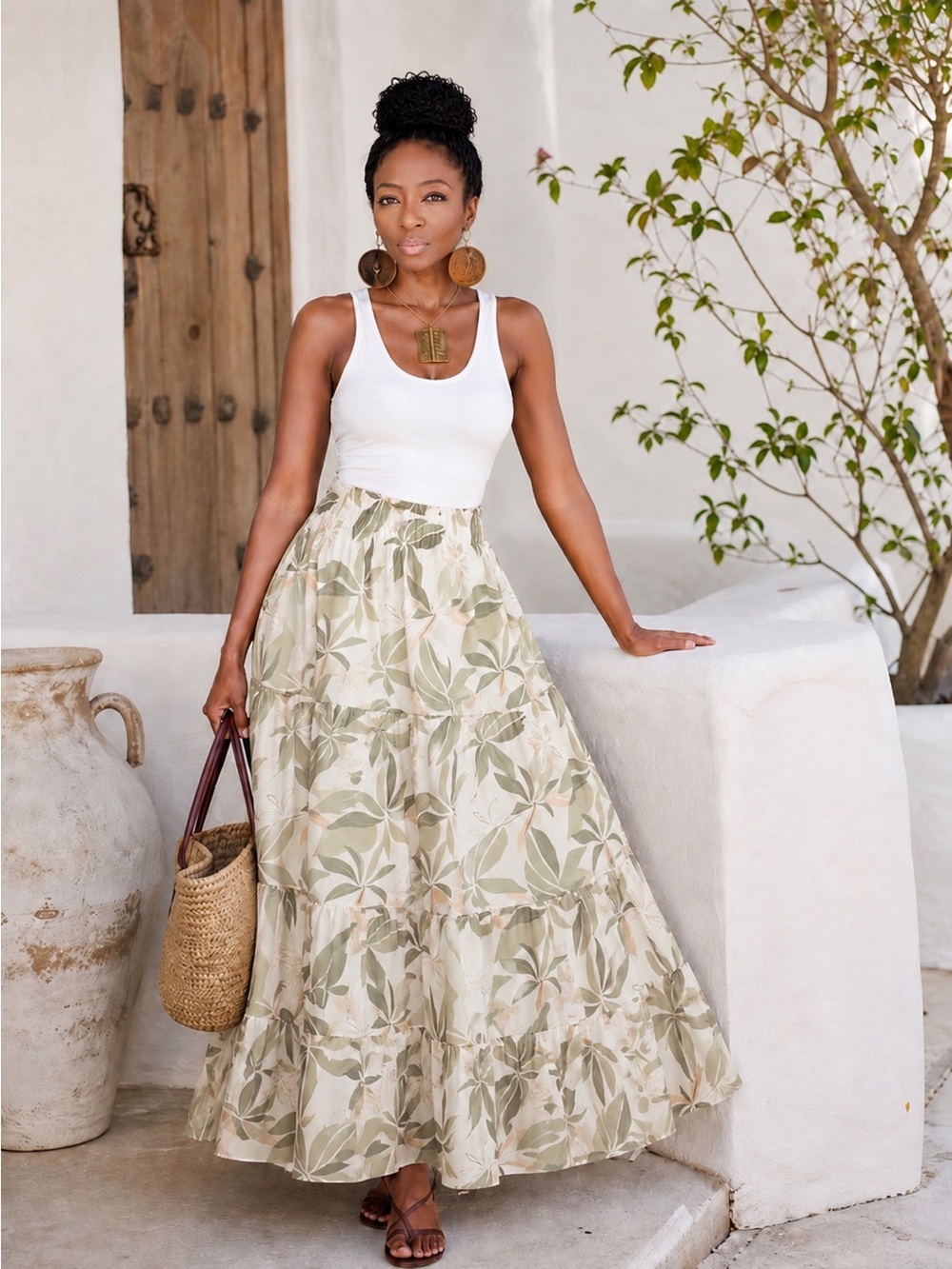 🆕Floral Leaf Maxi Skirt in Cream and Sage